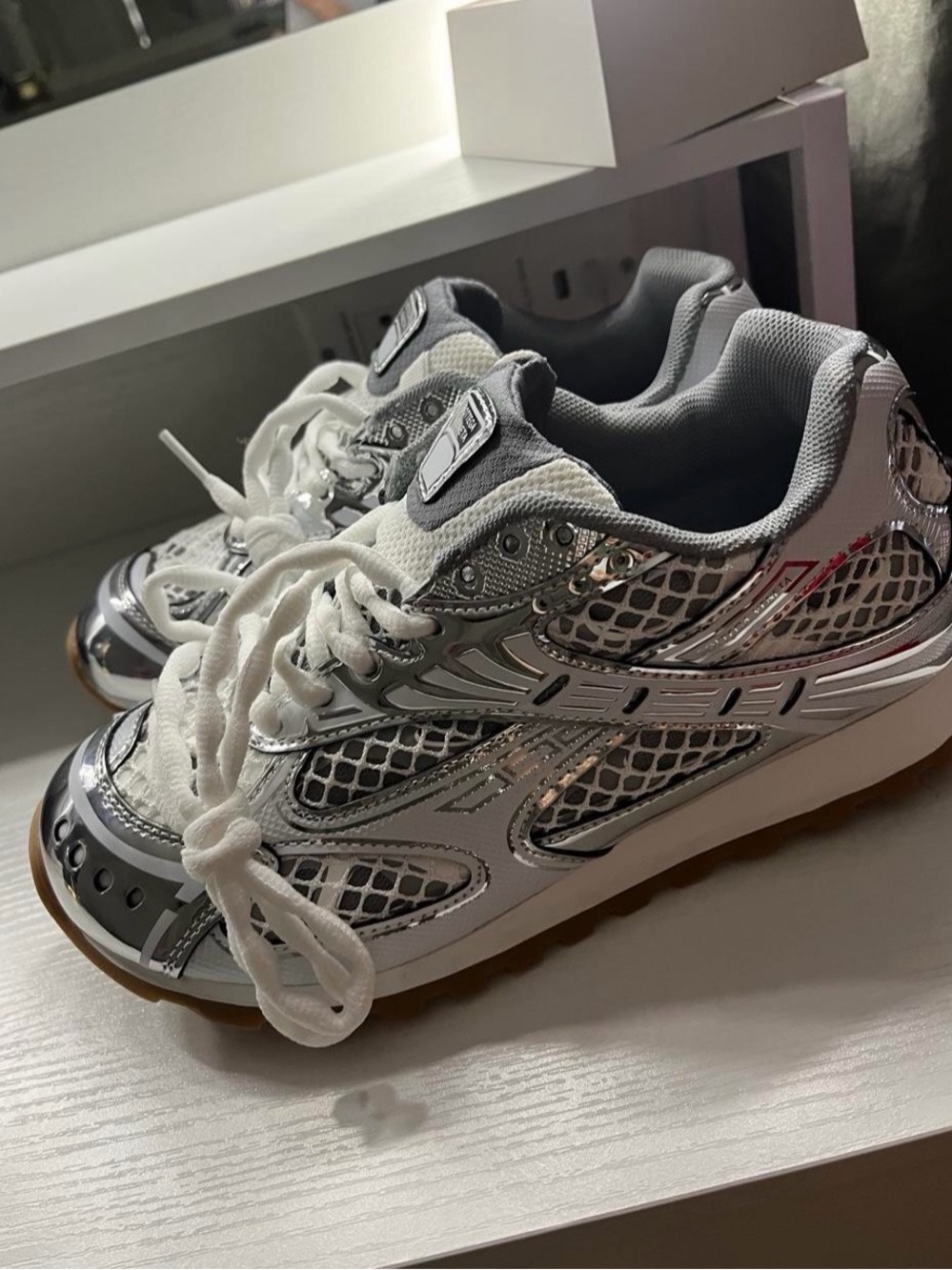 Bottega Veneta Silver Metallic and White Mesh Sneakers